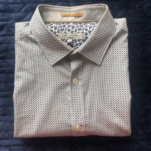 Ted Baker Button Down in Blue Square Geo Print Pattern and Flora Cuff